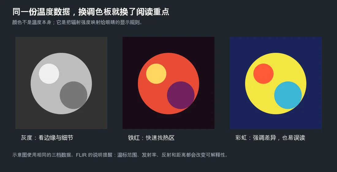 同一组温度数据在三种调色板中的显示差异