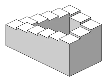 Penrose stairs 的自制图示：局部台阶逐段上升，却在闭合处回到原点