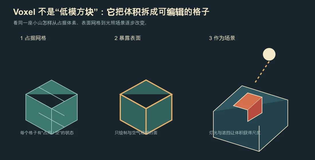 体素从占据网格、暴露表面到小型场景的三个阶段